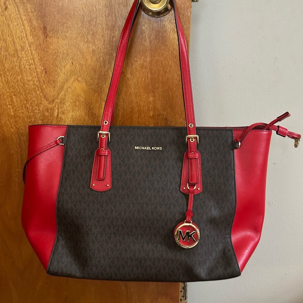 Michael Kors Women's Voyager Medium Logo Tote Bag in Brown/Bright Red.